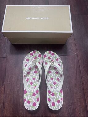 Michael Kors White Flip Flops with Pink Floral and Green Leaf Print